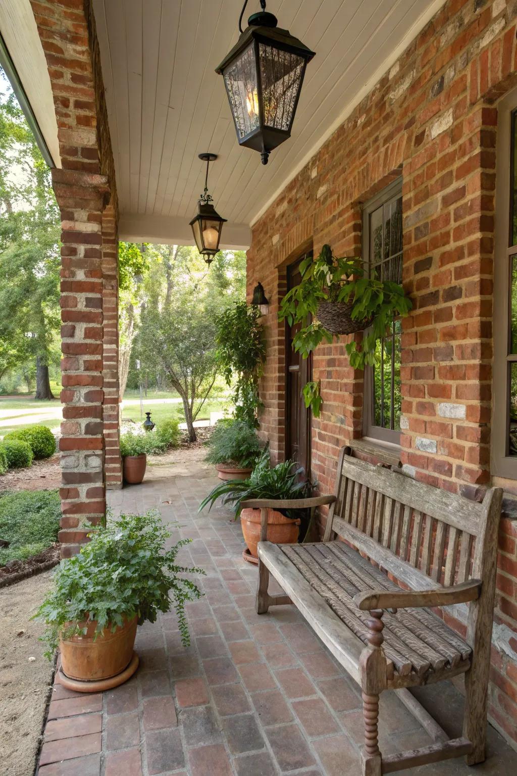 A blend of brick and wood creates a rustic retreat.