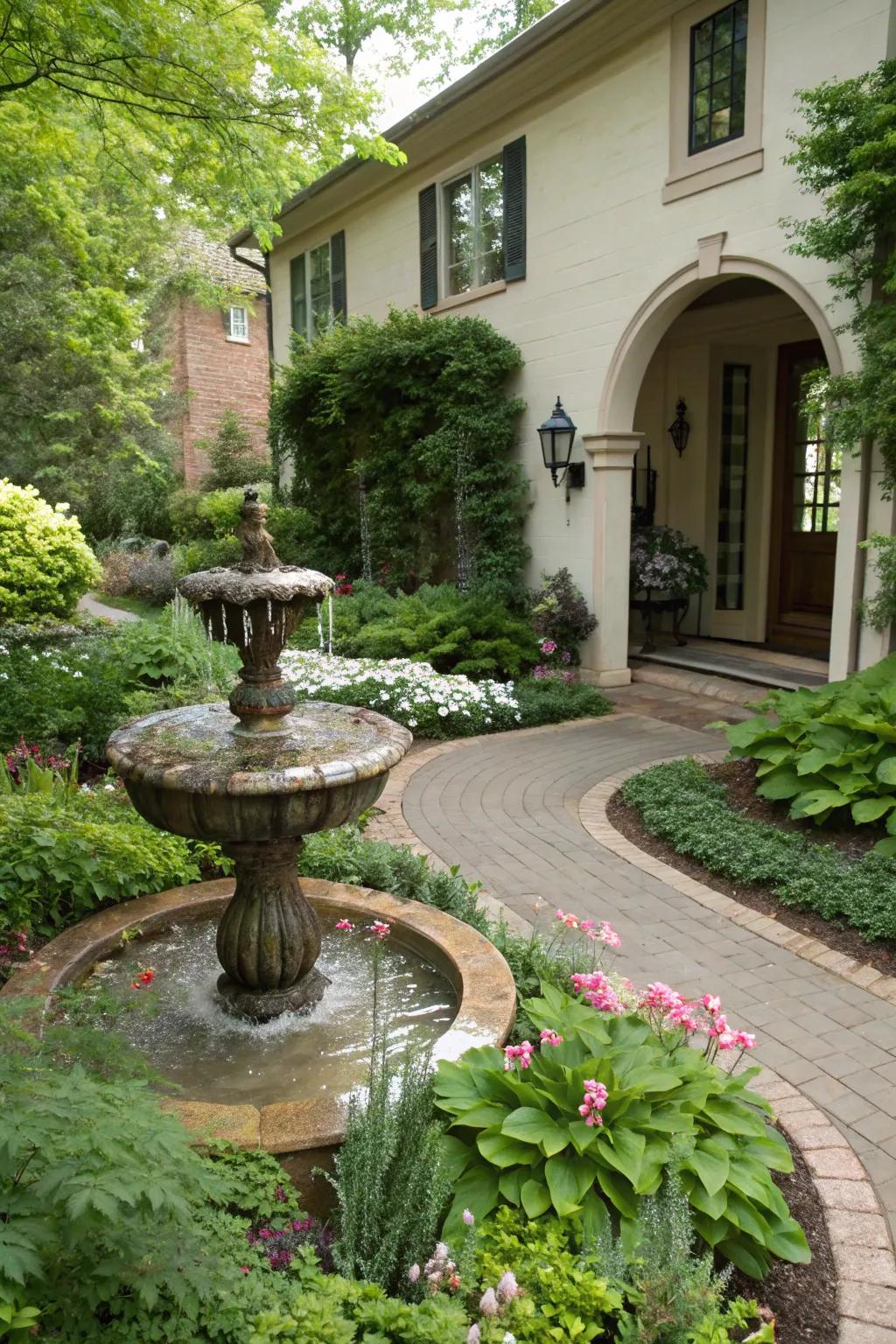 A water feature adds tranquility and a soothing sound.
