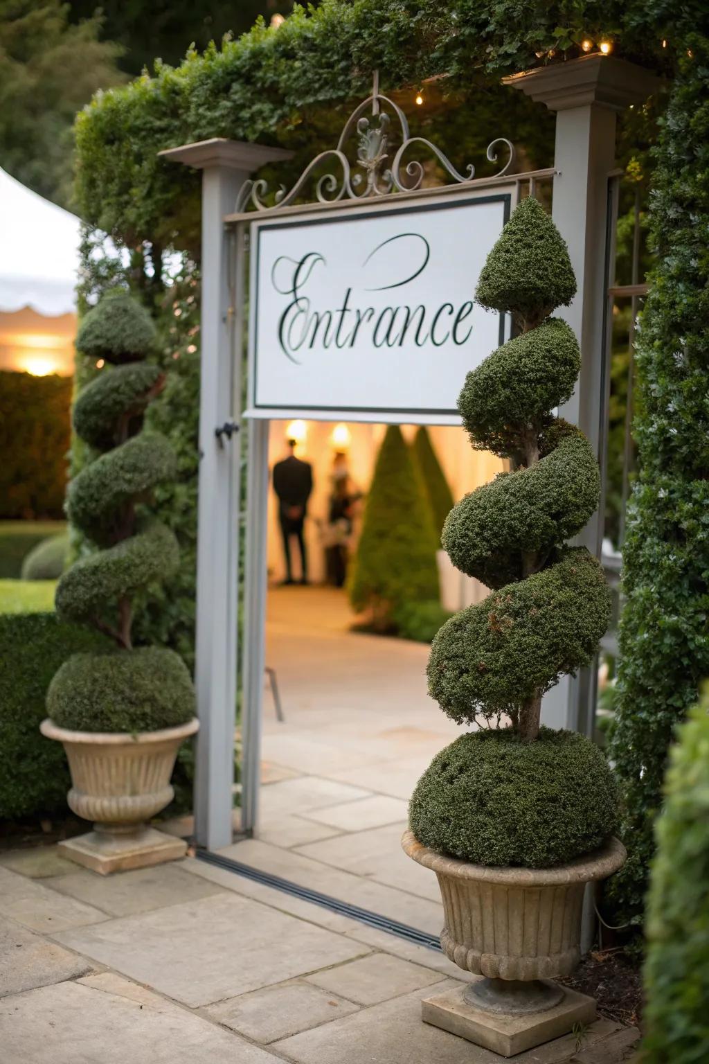 Whimsical topiary adding an artistic flair to the entrance sign.