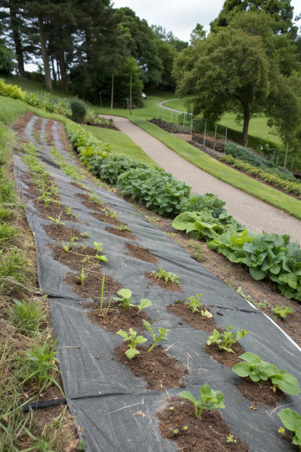 A slope protected by an erosion control blanket with new plantings.