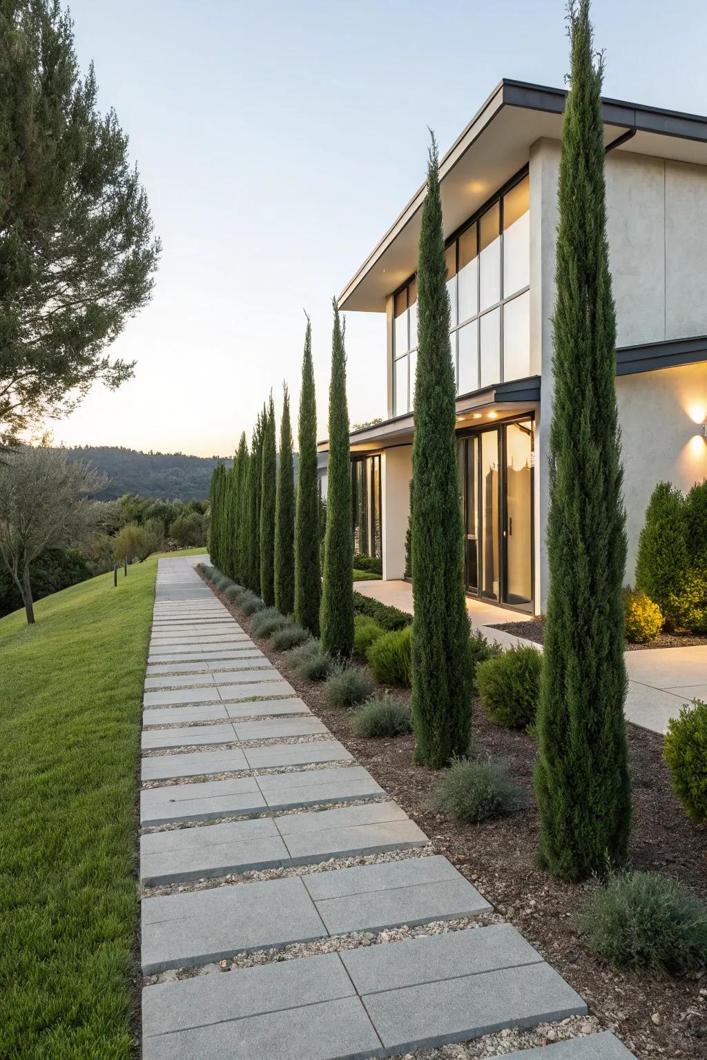 Upright junipers complement modern architecture.