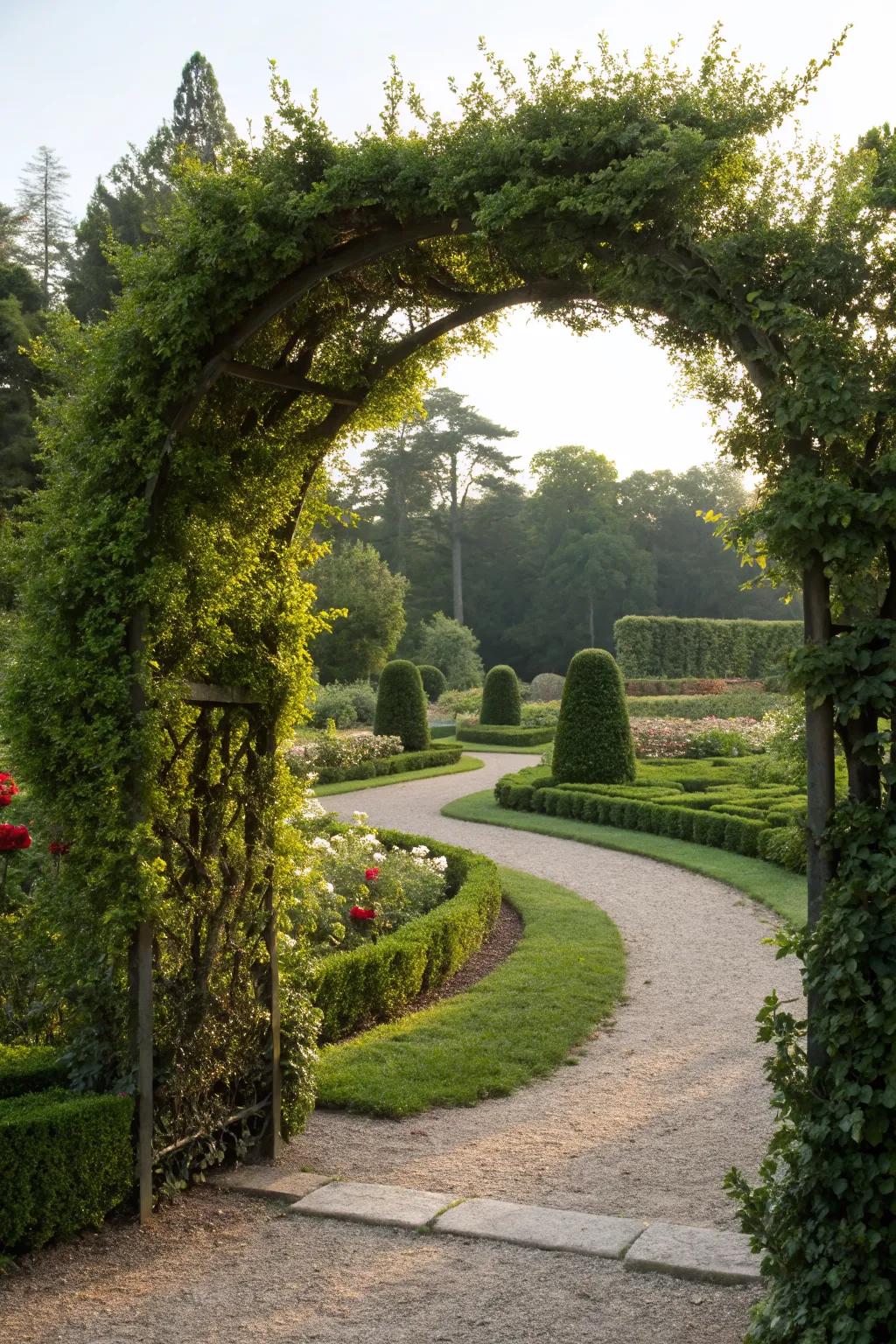 A garden arch covered in evergreen vines creating a magical entrance.