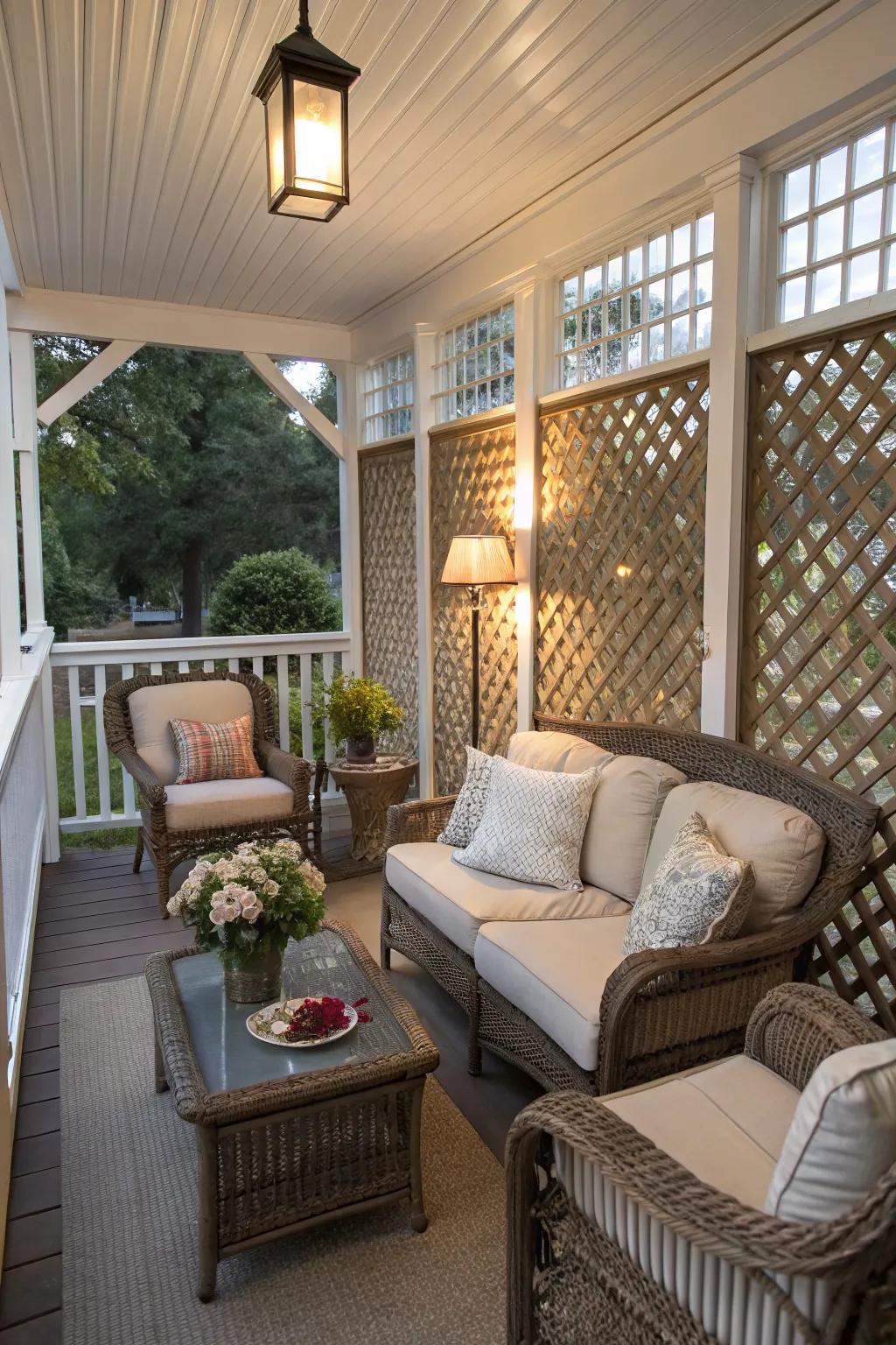 An enclosed porch provides privacy and comfort.