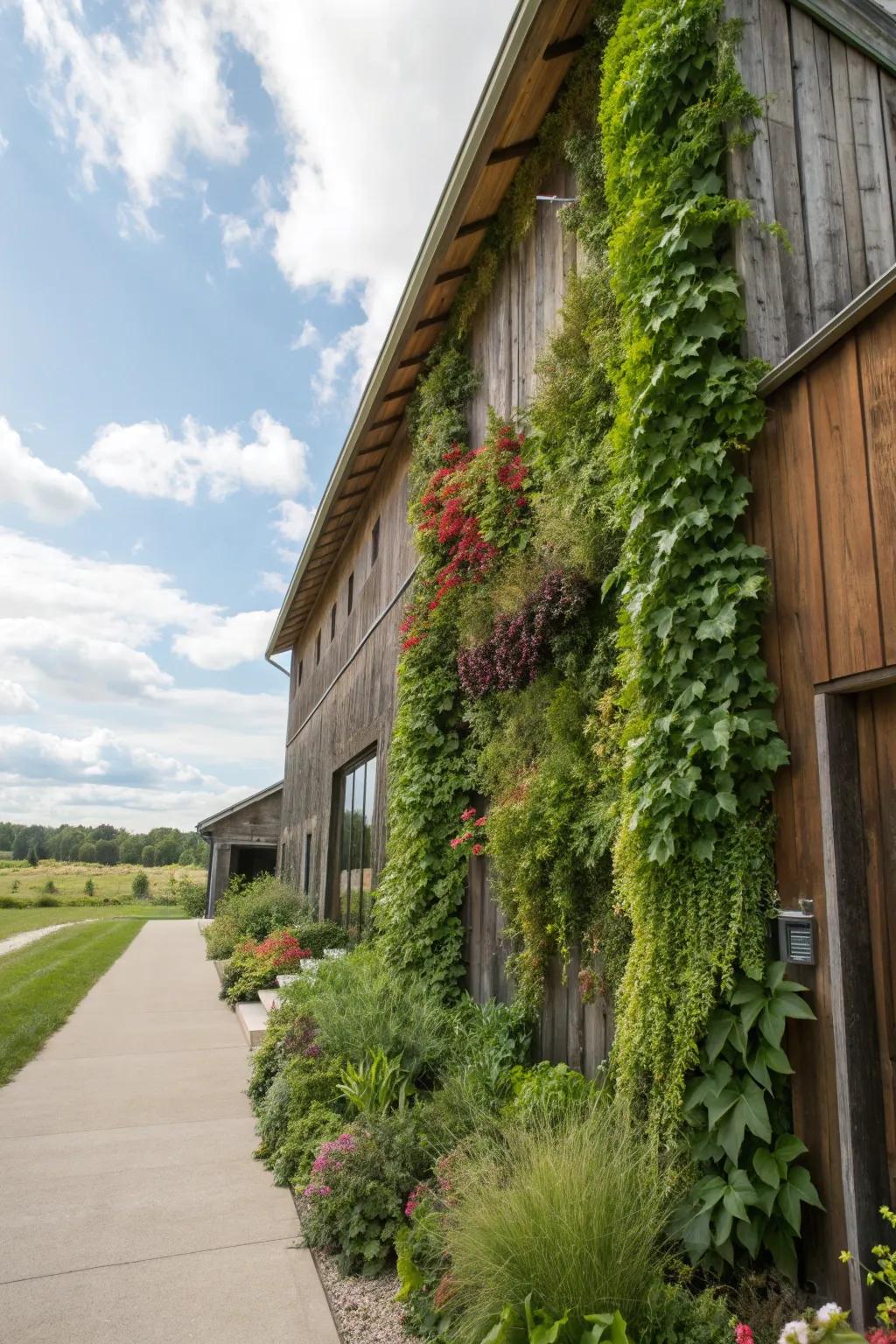 Vertical gardens bring life and greenery to barn walls.