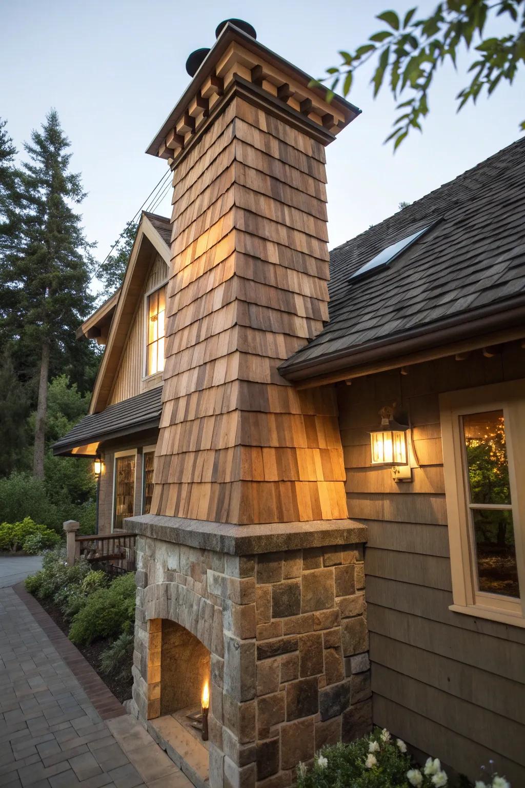 A wood-clad chimney that exudes a warm, vintage charm.