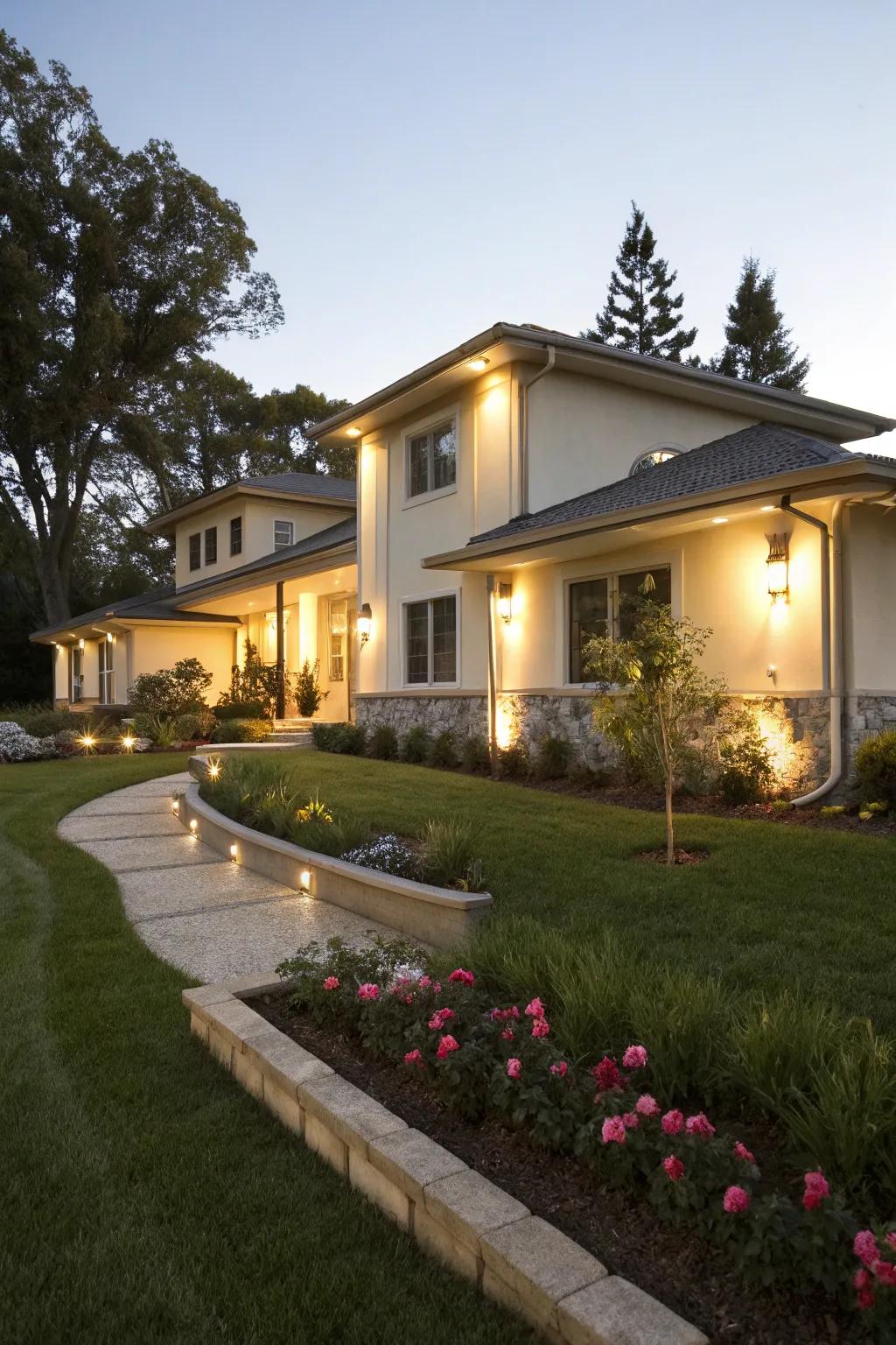 Landscape lighting creates a magical and inviting atmosphere.