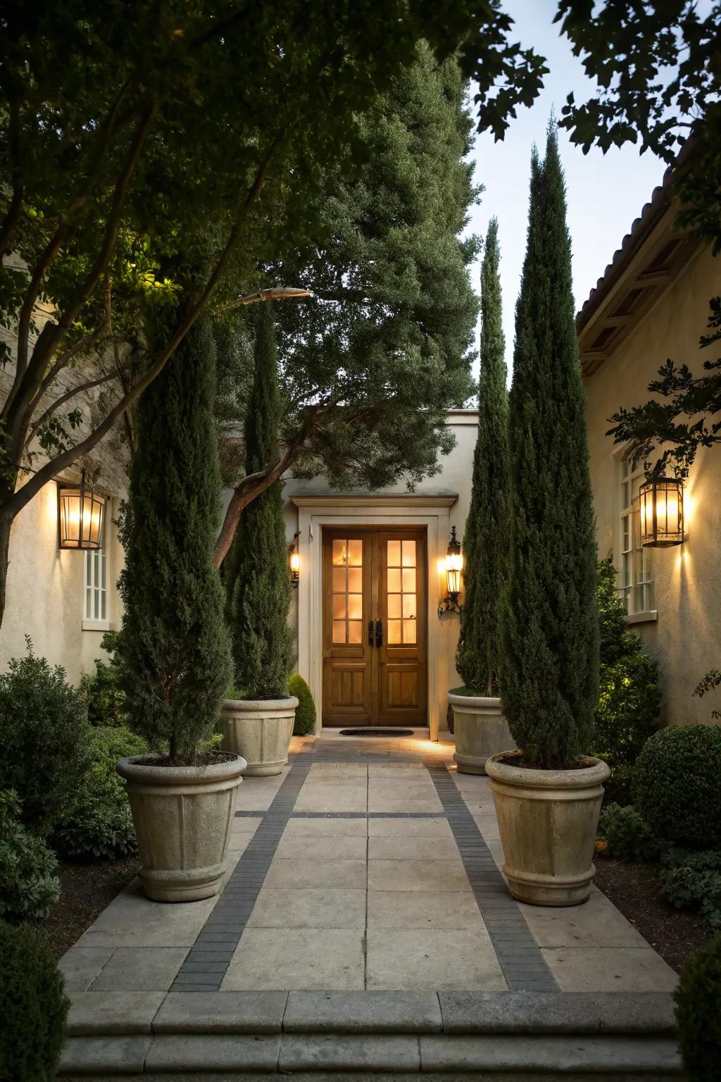 Tall greenery offers privacy and a touch of drama to your entryway.