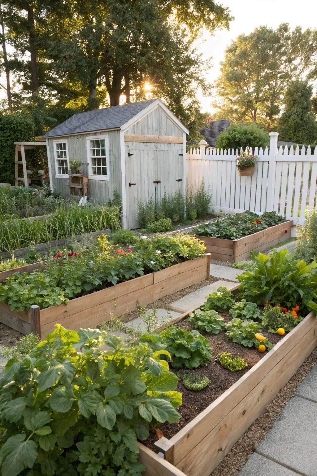 An edible garden with raised beds for fresh produce.