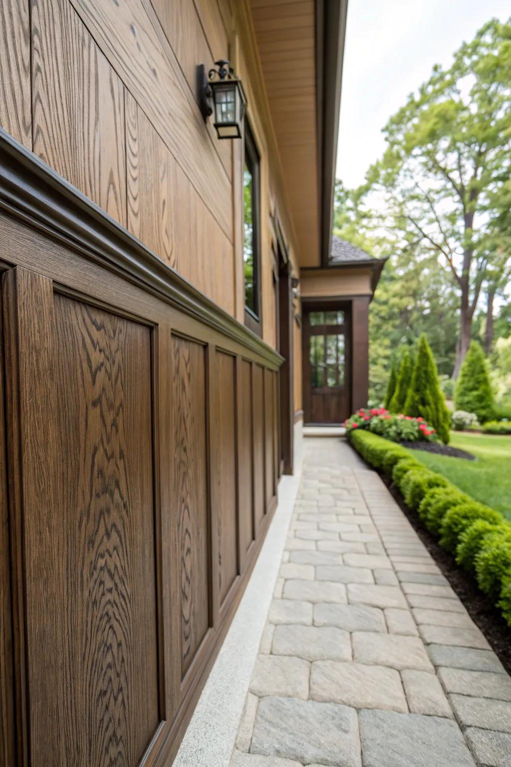 Faux wood wainscoting provides warmth and texture without the maintenance.