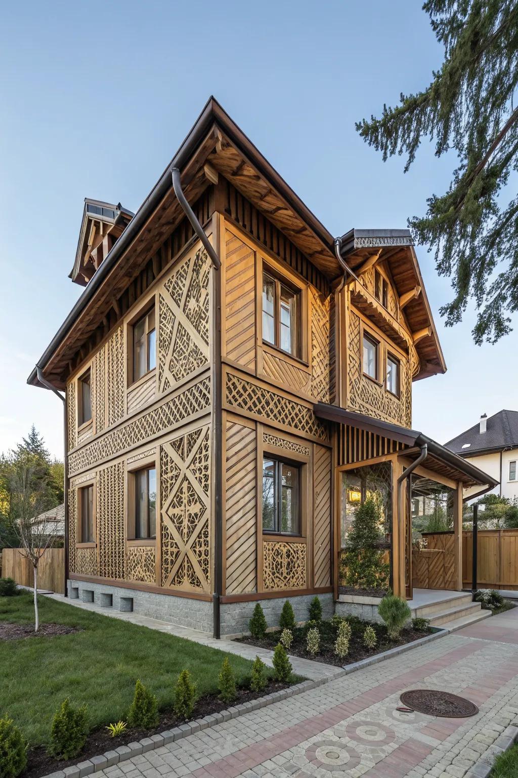 Home with patterned wood cladding