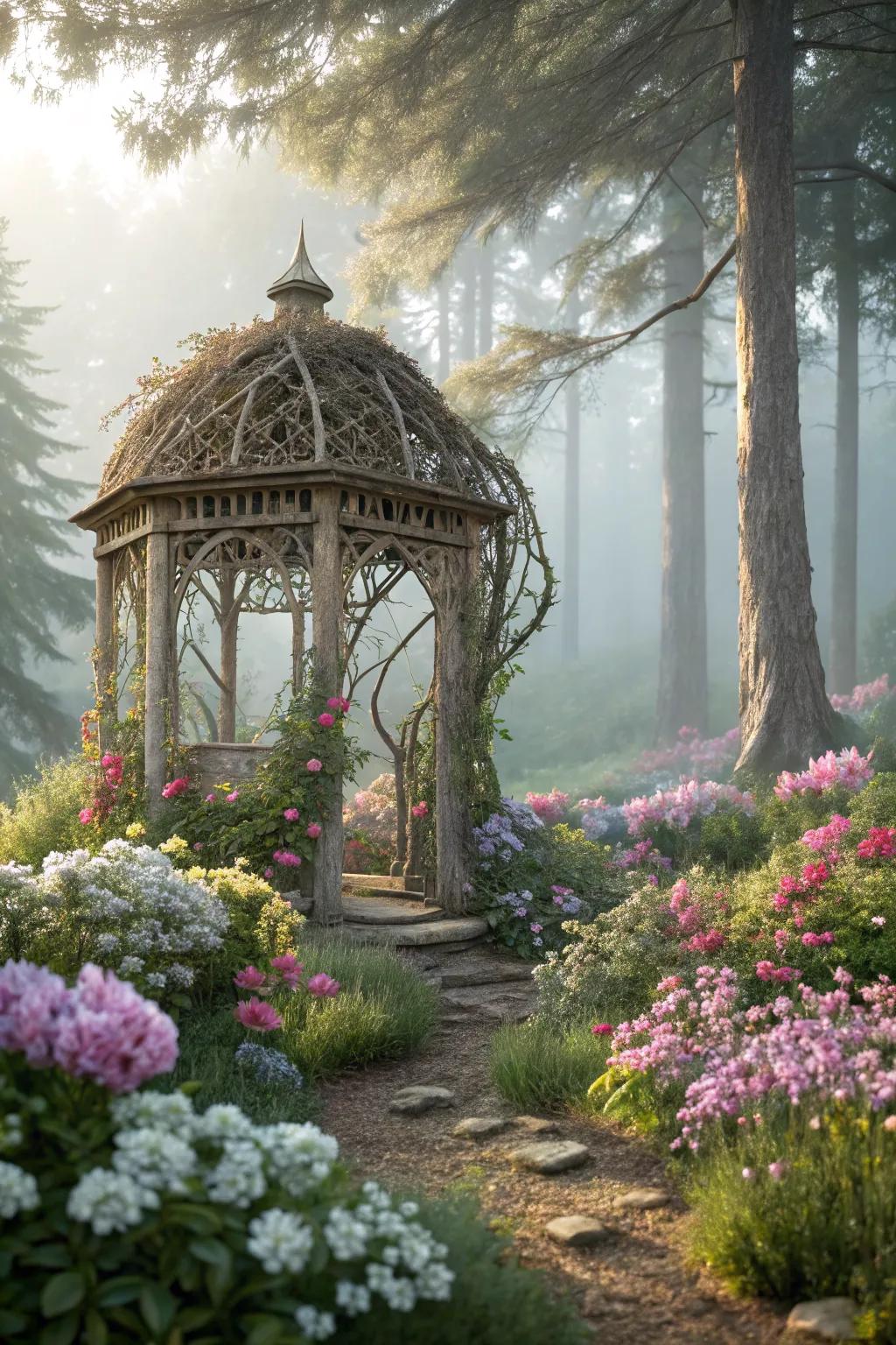 A charming twig gazebo nestled among colorful blooms in a fairy garden.