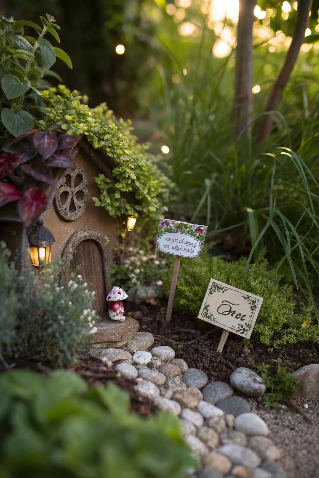 Miniature fairy garden signs creating an intimate vibe in a small garden nook.