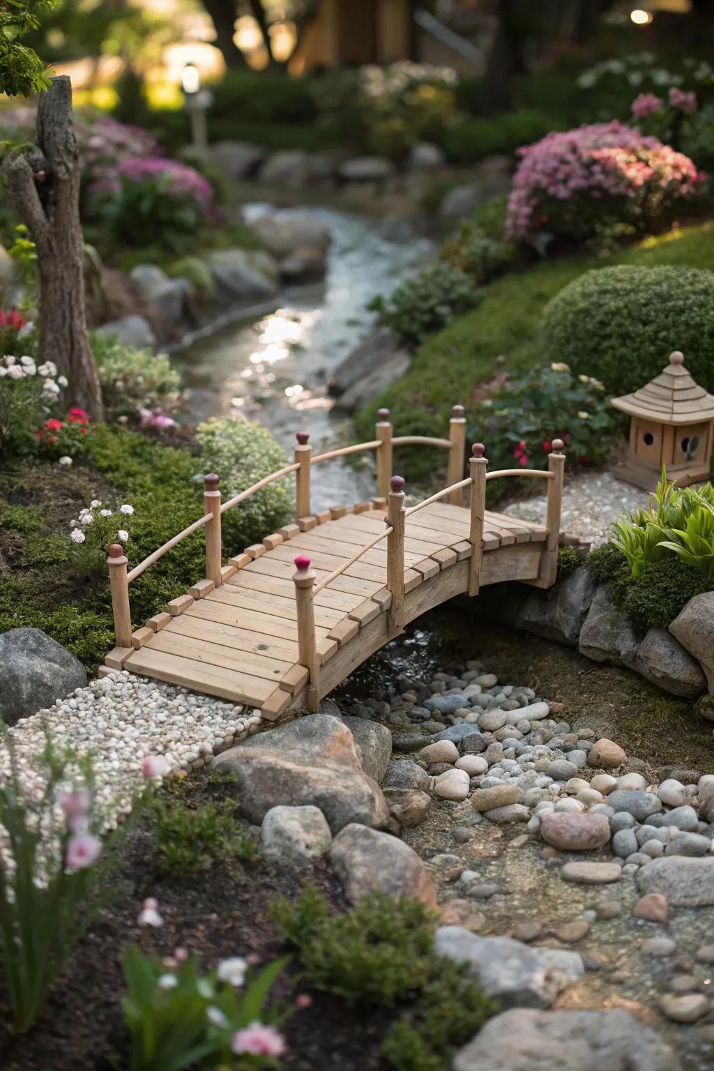 Miniature bridges create adventure paths in fairy gardens.
