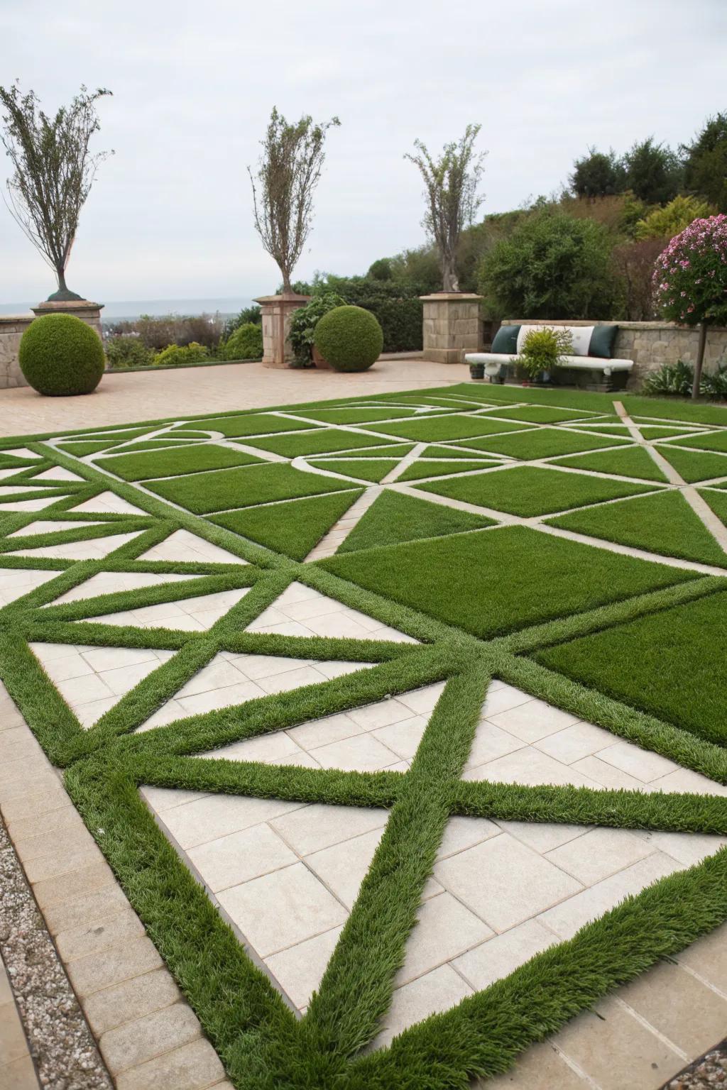 Artistic geometric patterns with artificial grass.