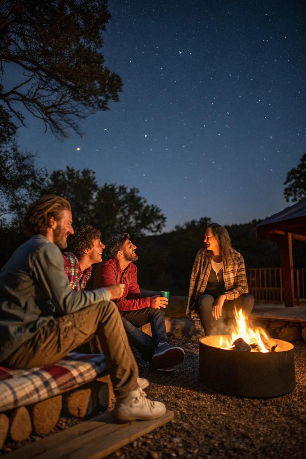 Friends sharing stories around a cozy fire pit.