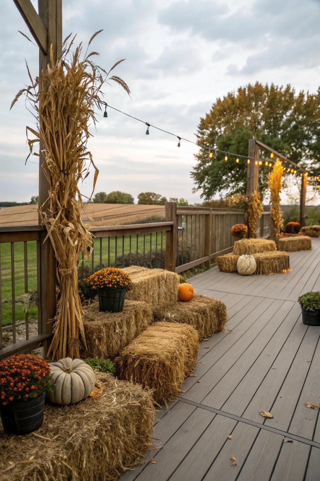 Harvest-themed accents bring a touch of rustic charm to the deck.