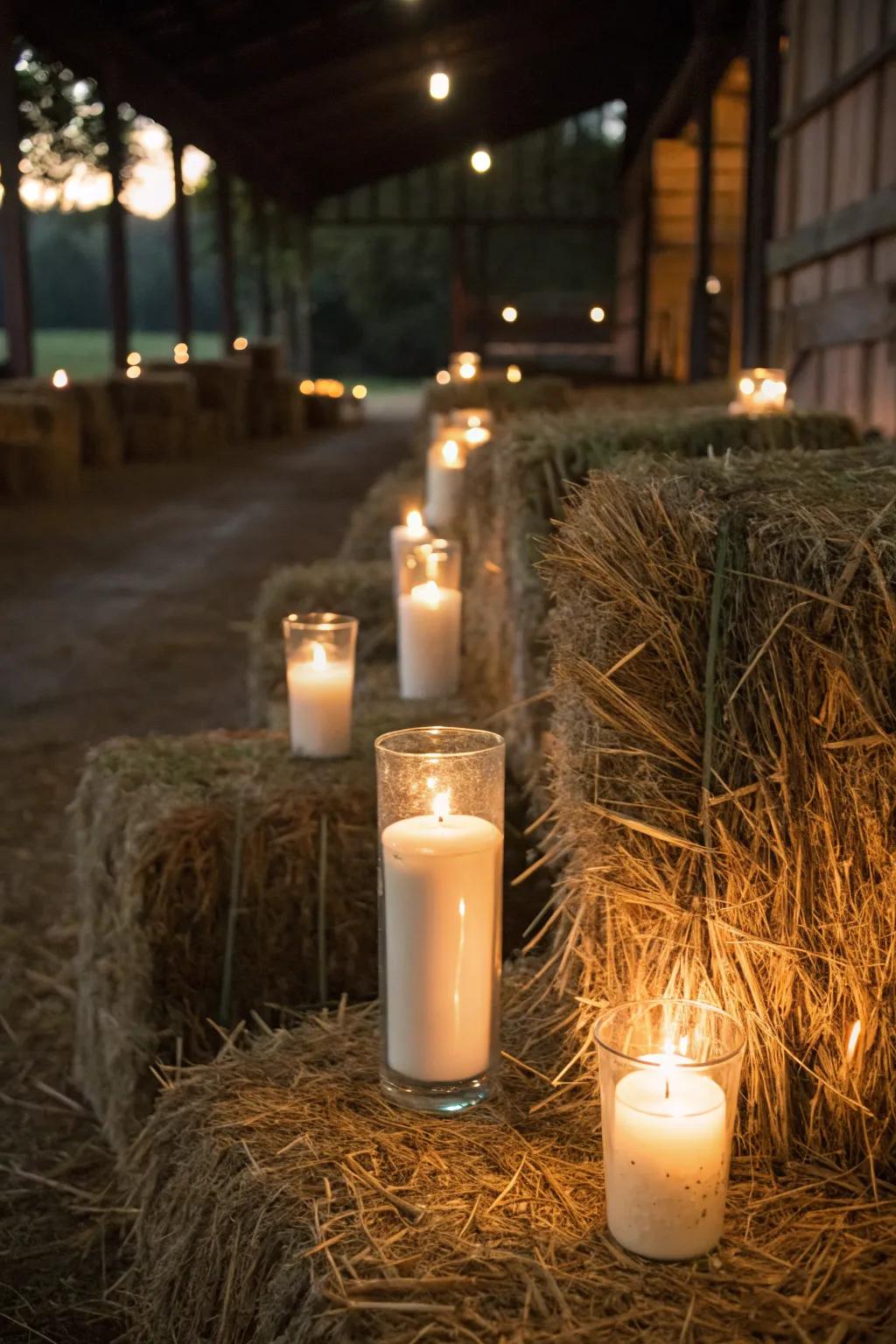 Candlelight adds elegance and warmth to hay bale displays.