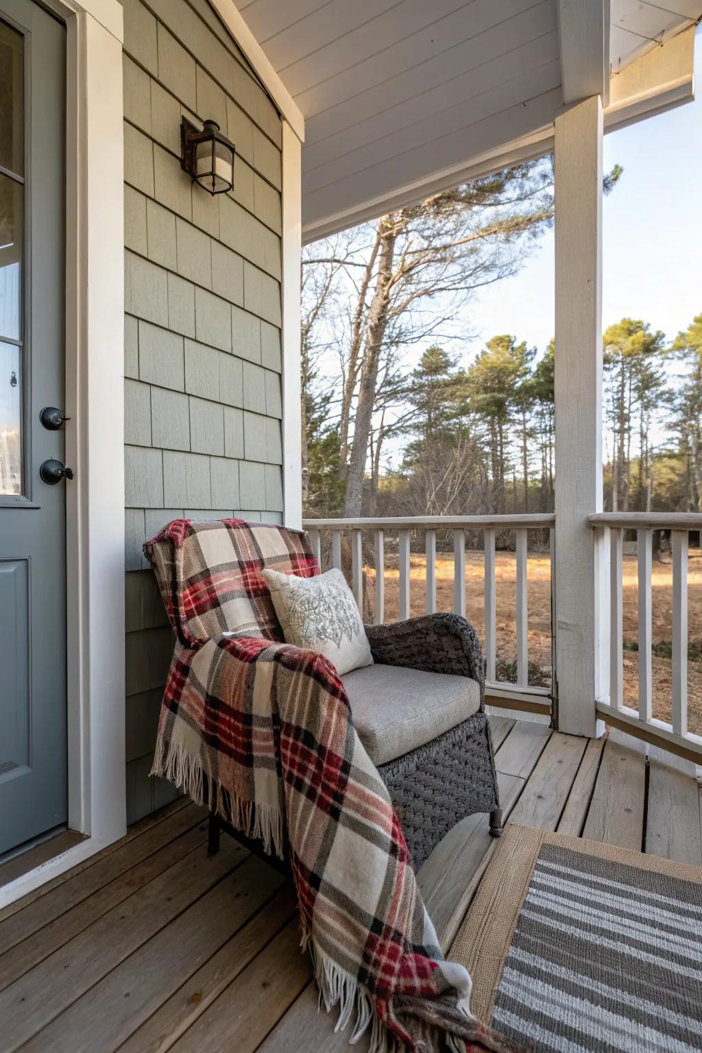 A cozy chair with a blanket invites relaxation.
