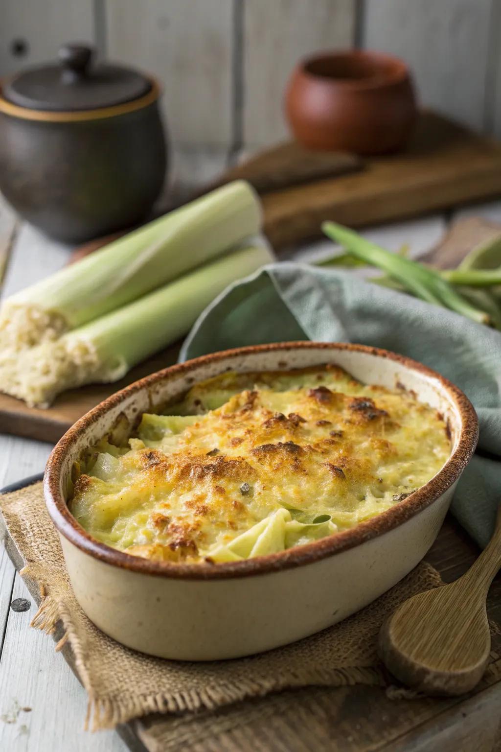 Creamy parsnip and leek gratin, a comforting autumn classic.