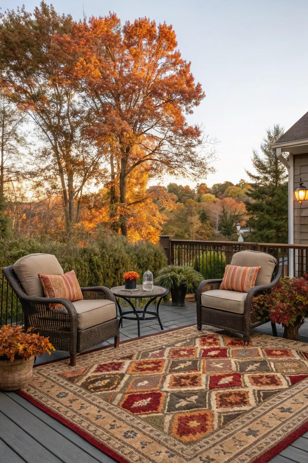 An outdoor rug adds warmth and style to your fall setup.
