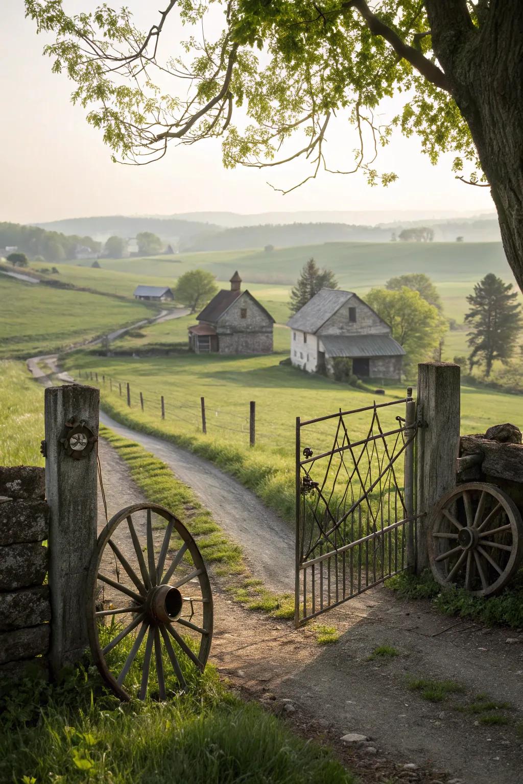 Vintage wagon wheels repurposed as part of the gate, adding a touch of nostalgic charm.