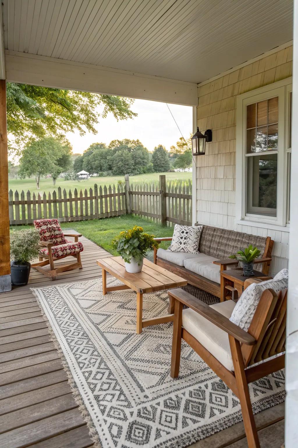 Rugs introduce warmth and style to your porch.