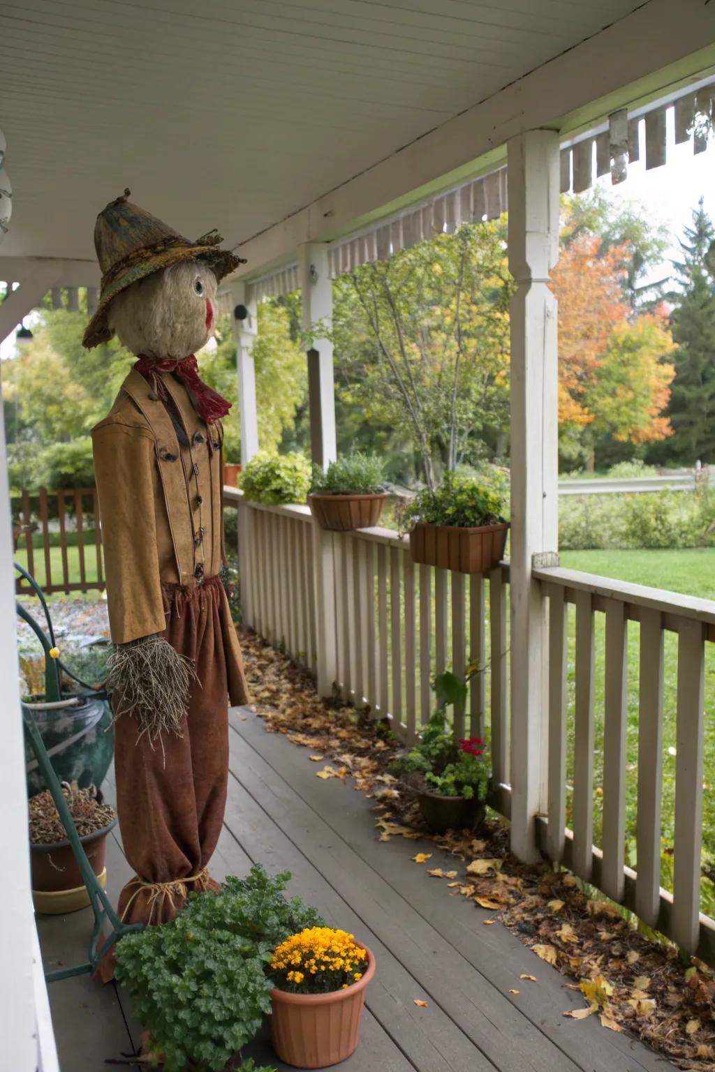 A quirky scarecrow adds charm and whimsy.