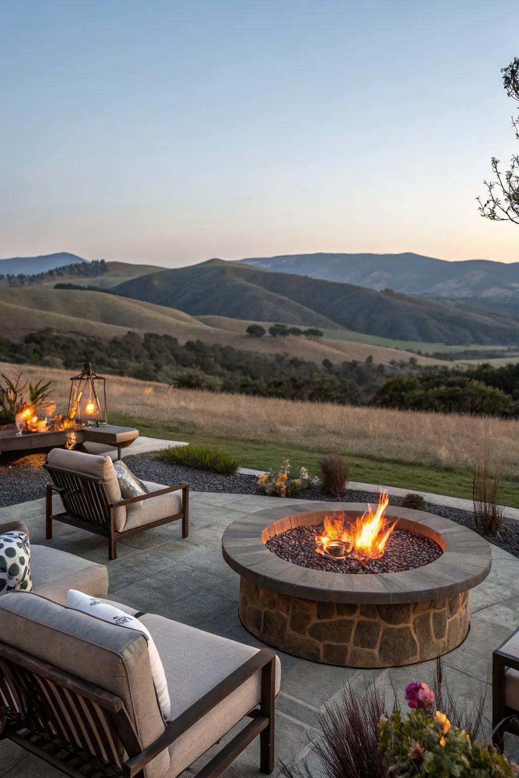 A fire pit with a breathtaking scenic view.