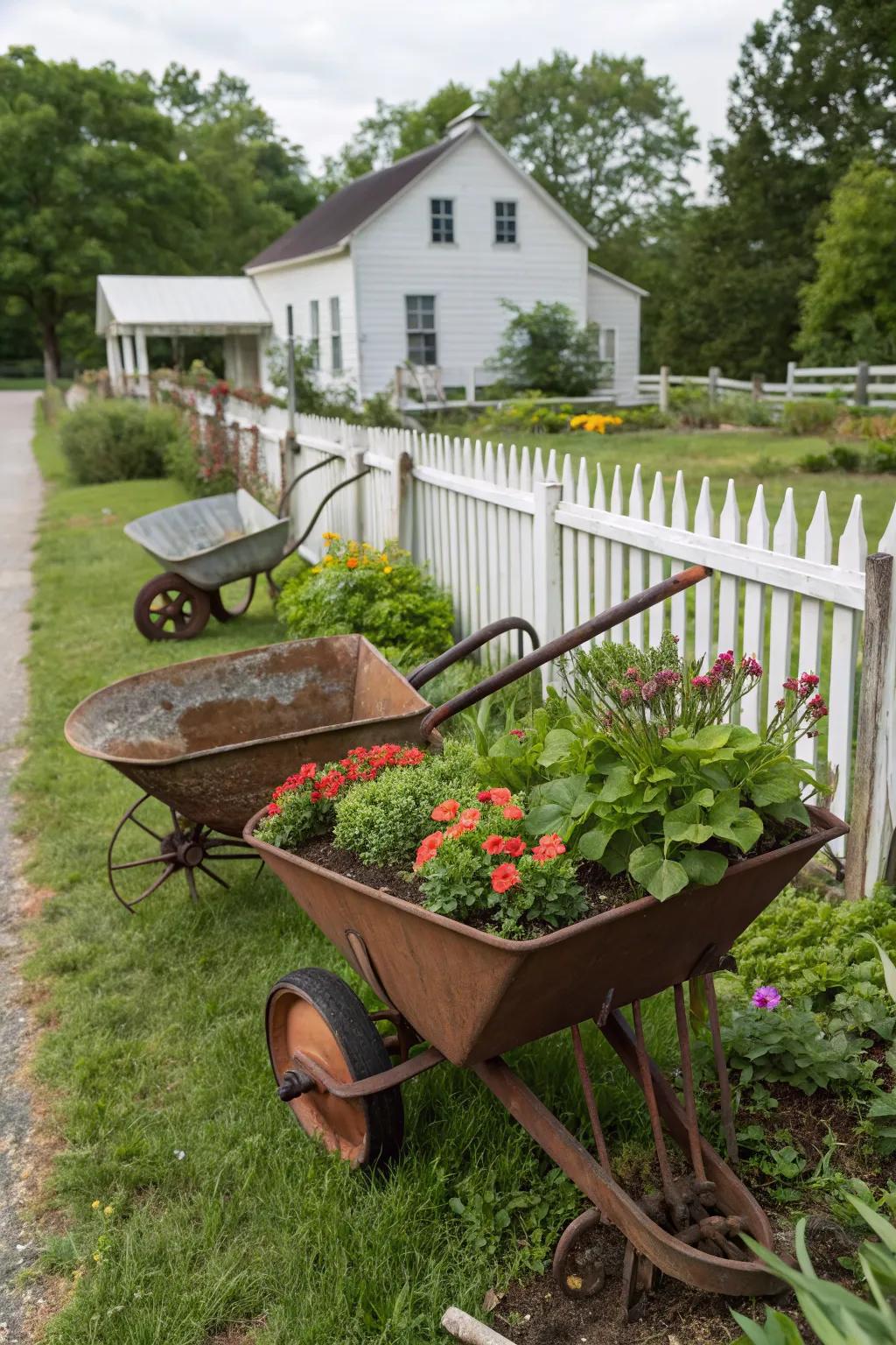 Old farm equipment finds new life as unique planters, adding authenticity and charm to the garden.