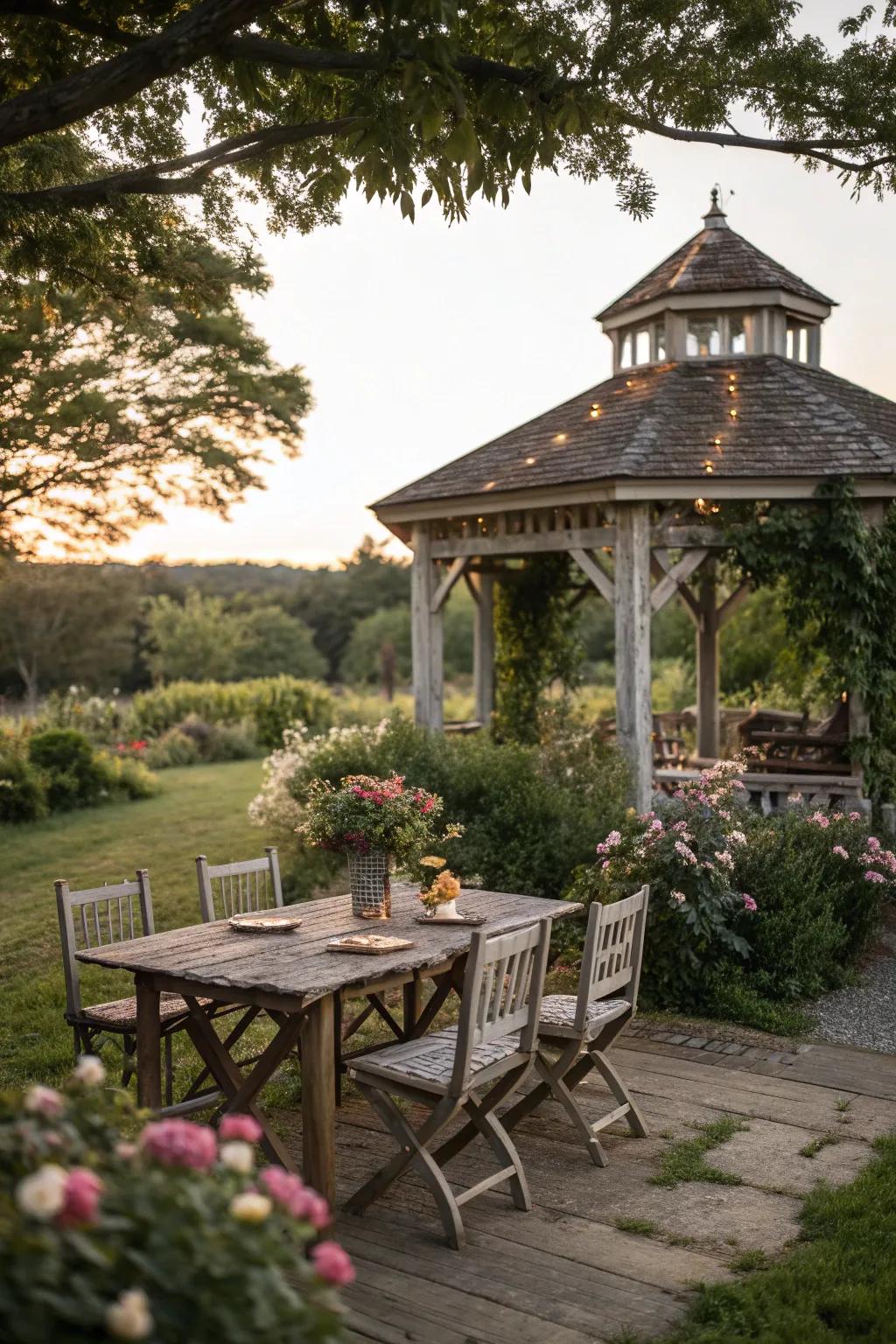 A rustic dining area under a gazebo, perfect for outdoor meals.