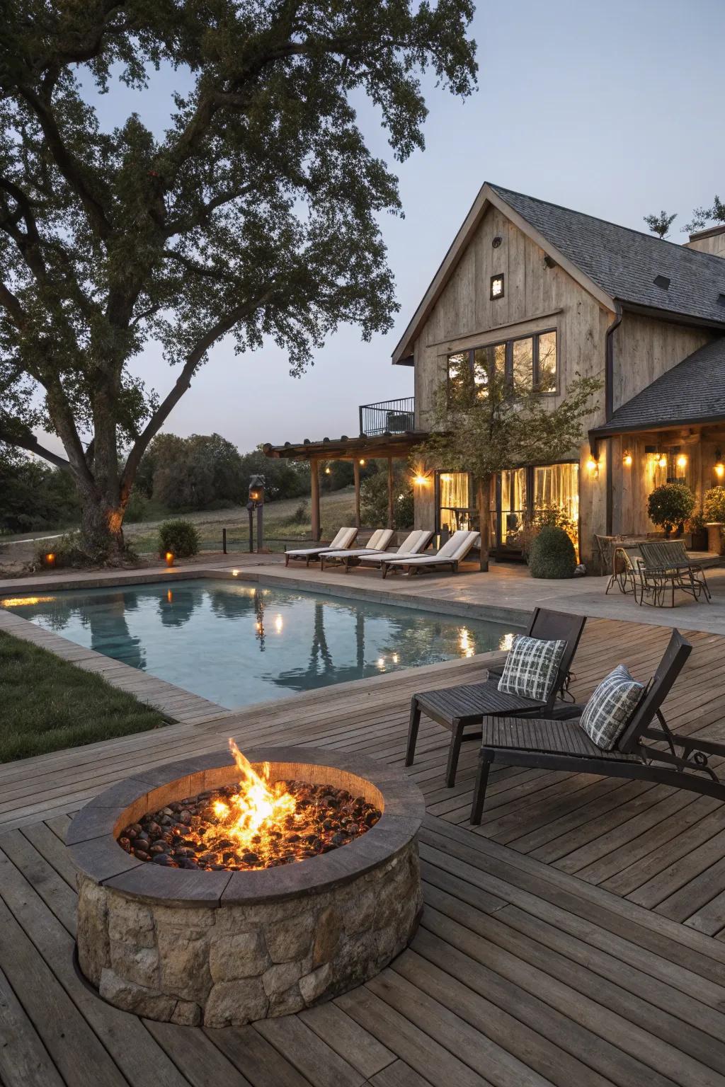 A fire pit adds warmth and a gathering spot by the pool.