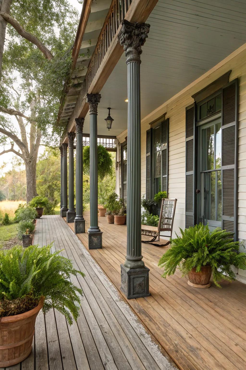 Vintage iron columns bring an industrial chic vibe to the porch.