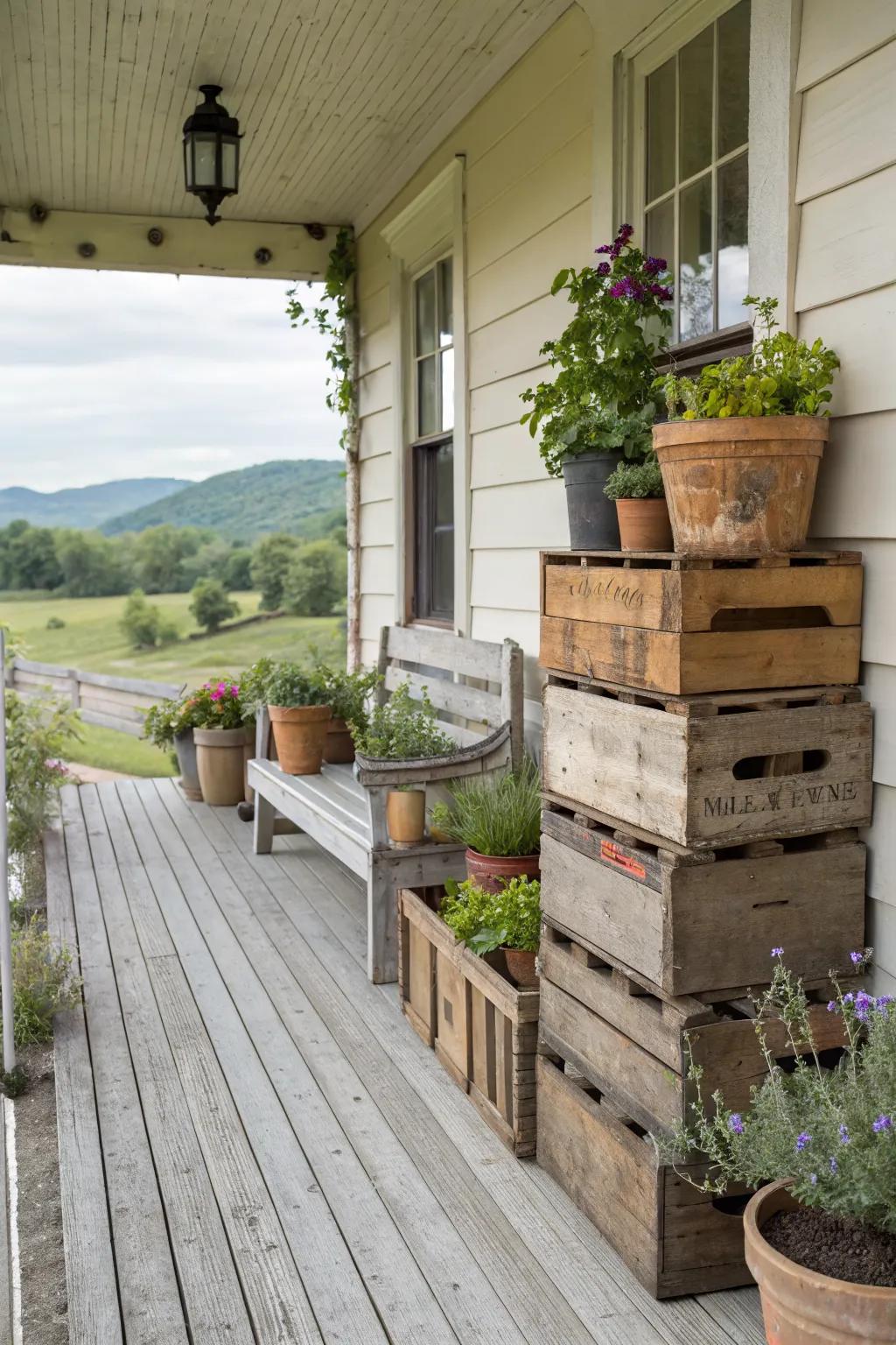 Vintage crates offer versatile storage and display options for your porch.