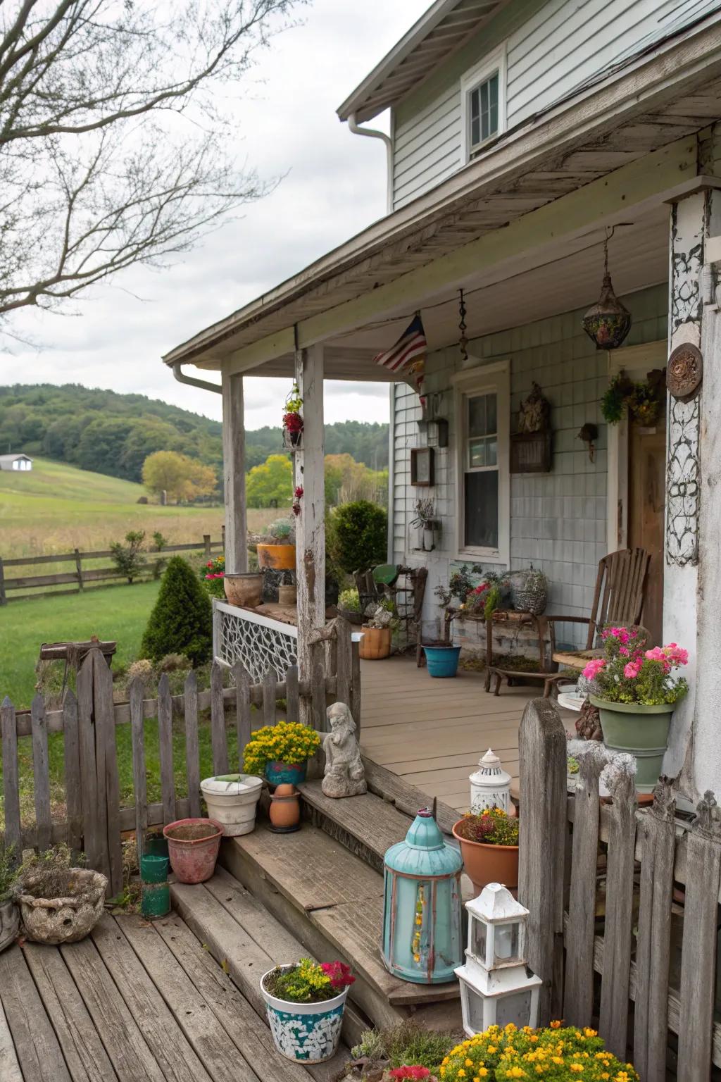 Eclectic accents add personality and charm to the porch.