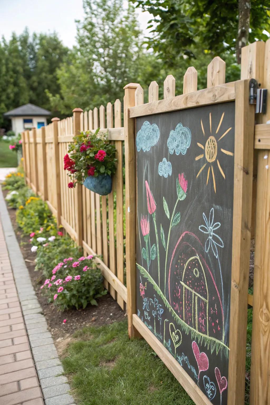 A chalkboard panel invites creativity and interaction on this garden fence.