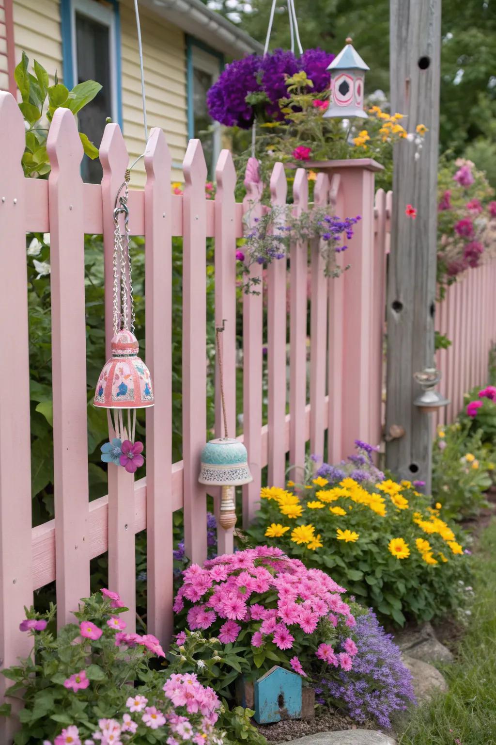 Pastel pink fences bring a whimsical touch to gardens.