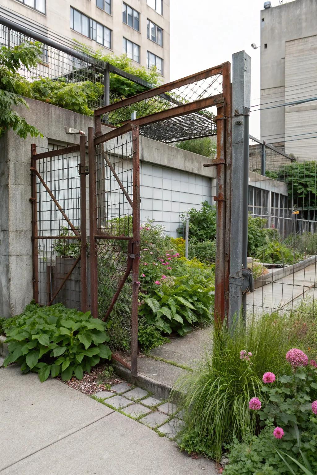 An industrial-style gate brings a rugged, urban vibe.
