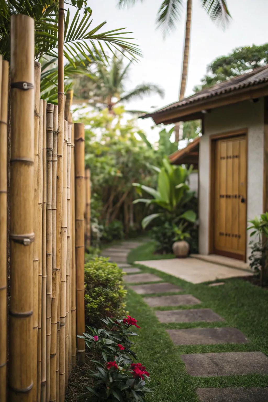 Sustainable bamboo posts give an exotic touch to the garden.