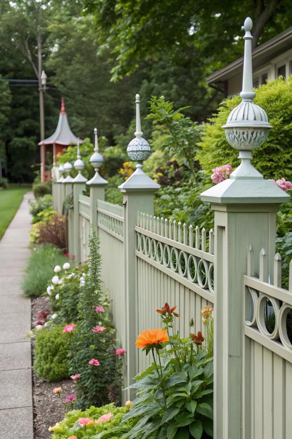 Mid-century modern toppers adding retro flair to a stylish garden fence.