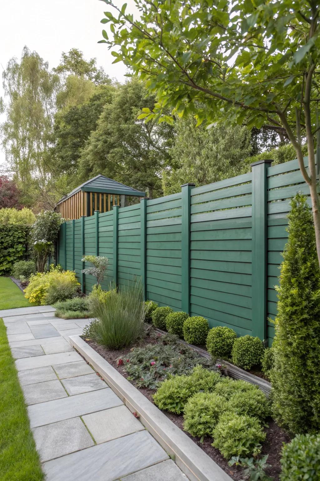 A eucalyptus green stained fence subtly enhances a garden with natural surroundings.