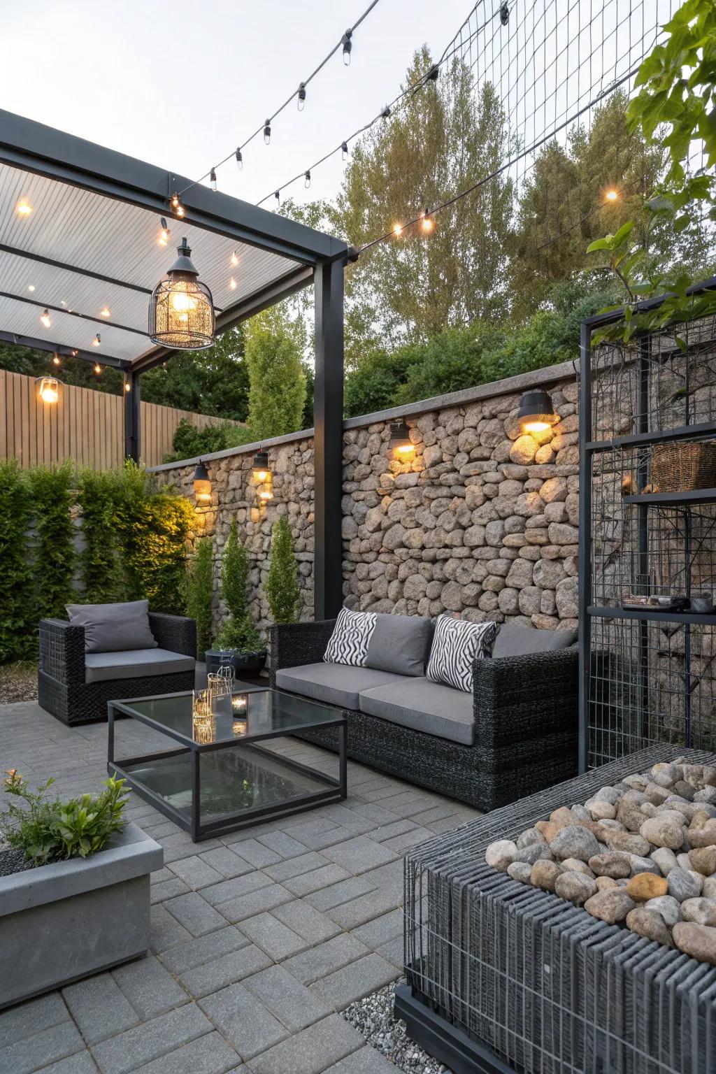 Industrial and chic patio enclosed by visually striking gabion walls.