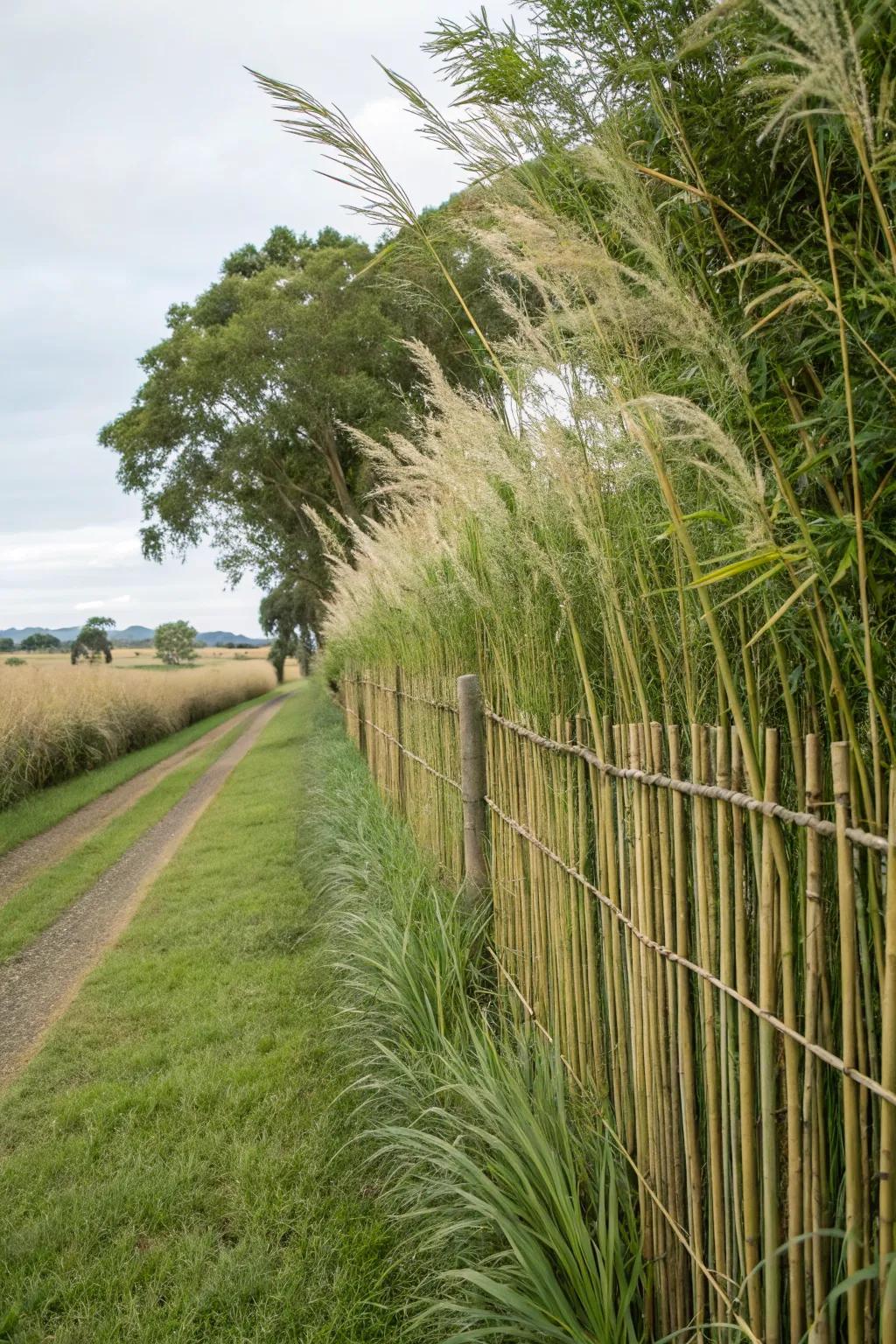 Create a natural, flowing fence with bamboo and tall grasses.