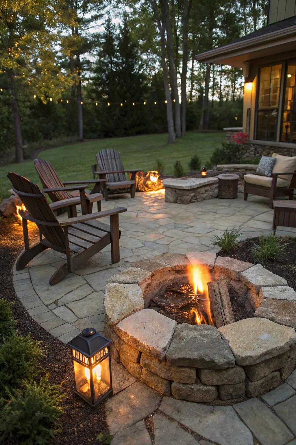 Fieldstone fire pits offer warmth and a cozy gathering spot.
