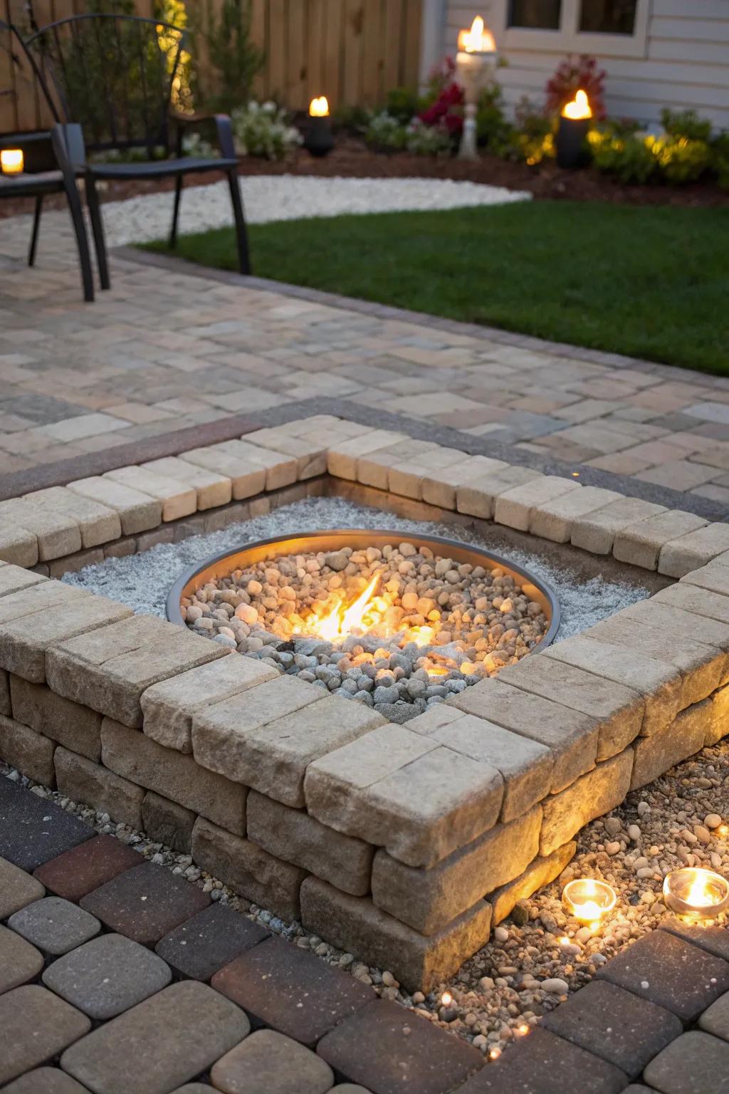 Decorative glass adds artistic flair and a magical glow between pavers.
