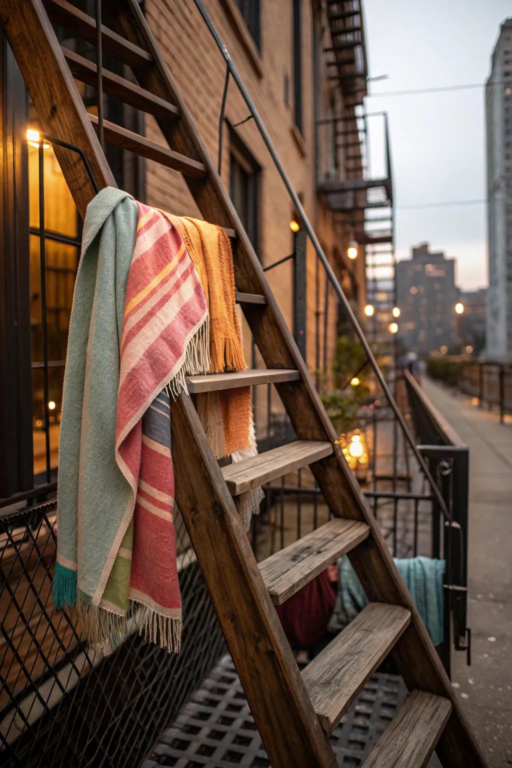 A wooden blanket ladder on a fire escape with colorful throws.