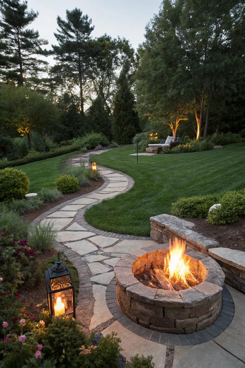 A captivating destination fire pit with immersive garden pathways.