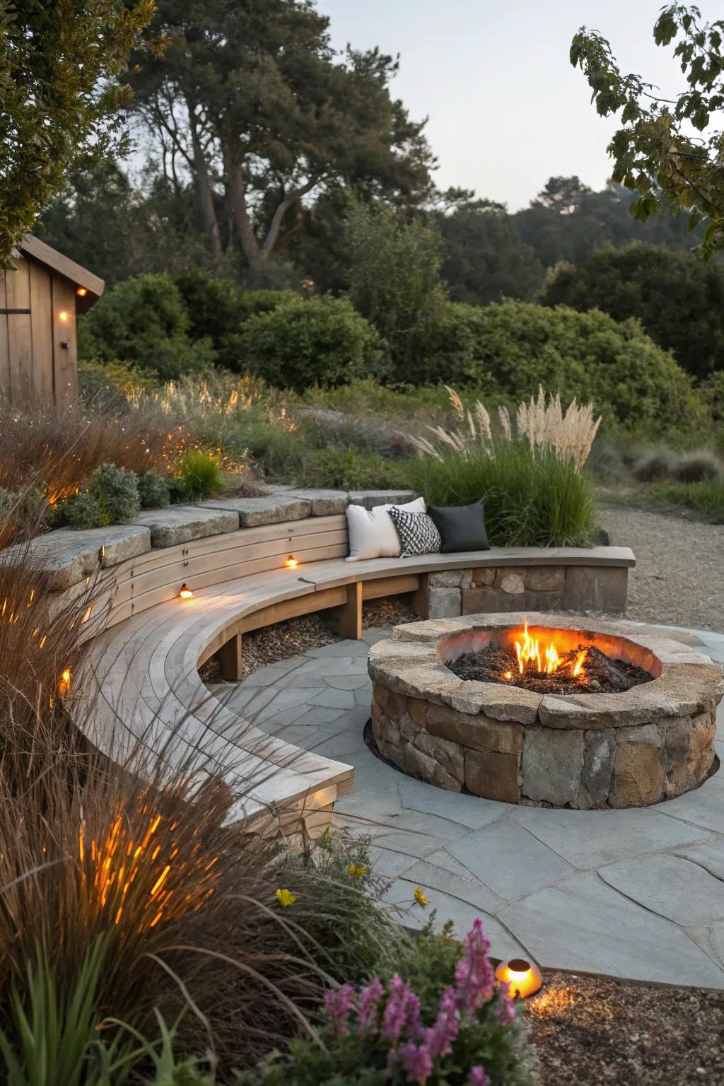 Sustainable materials add character to the fire pit landscape.