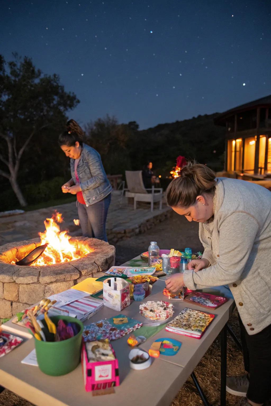 A creative DIY craft station by the fire pit.