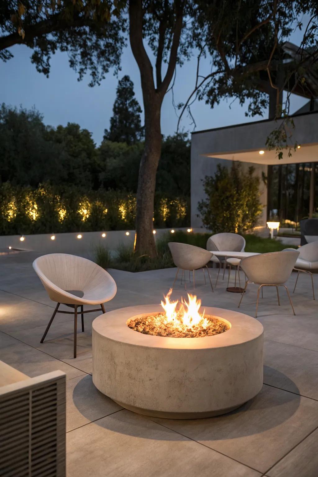 A modern minimalist fire pit area with sleek concrete and simple furnishings.