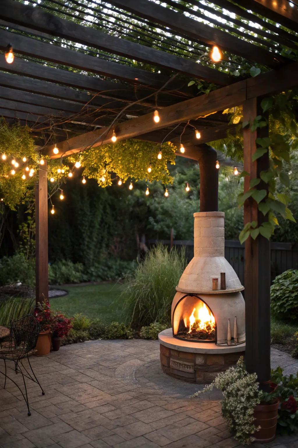 A pergola over a fire pit adds structure and charm to outdoor spaces.